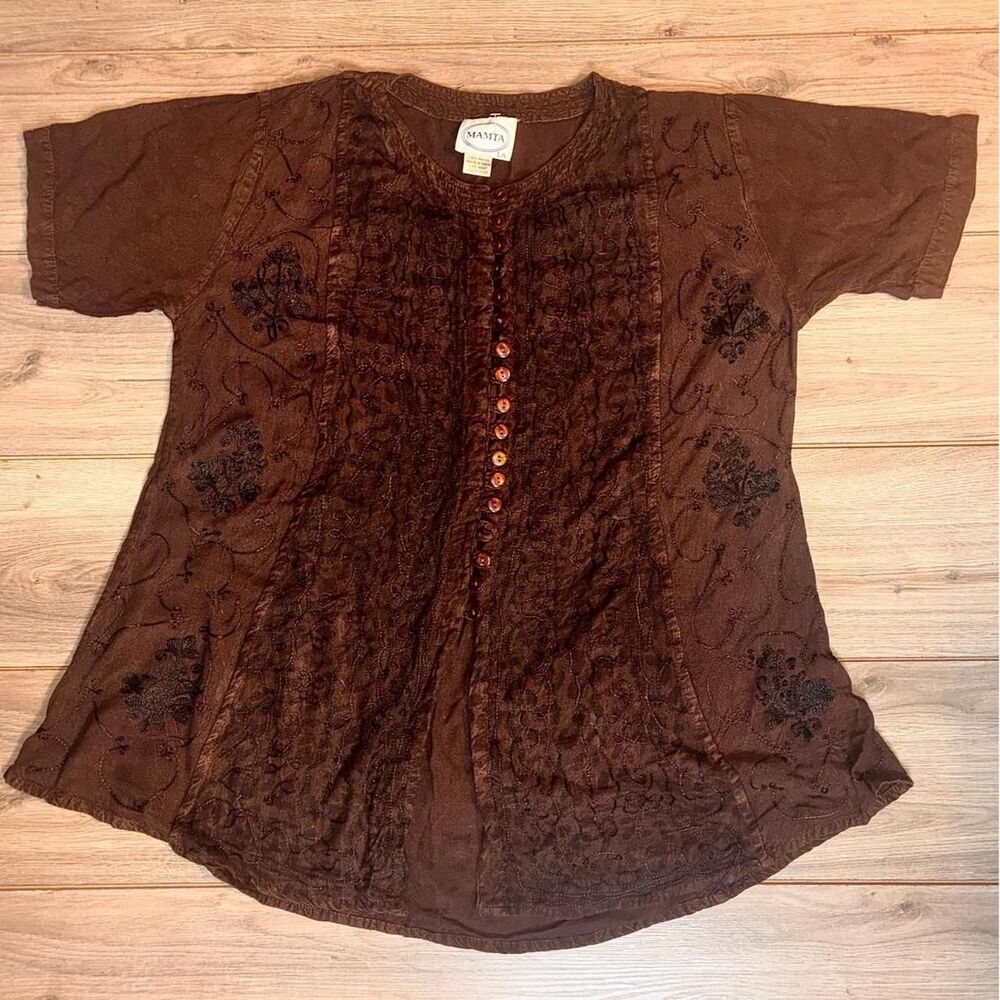 Brown MAMTA LA rayon blouse with black floral embroidery size L